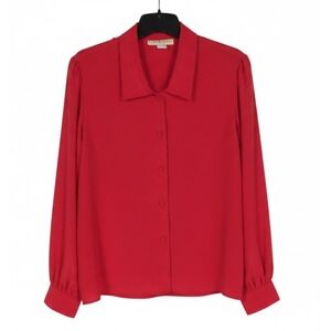 VTG CHELSEA LTD 70's Red SATIN Button-Up PLEATED SHOULDERS Flowy BLOUSE/TOP 18